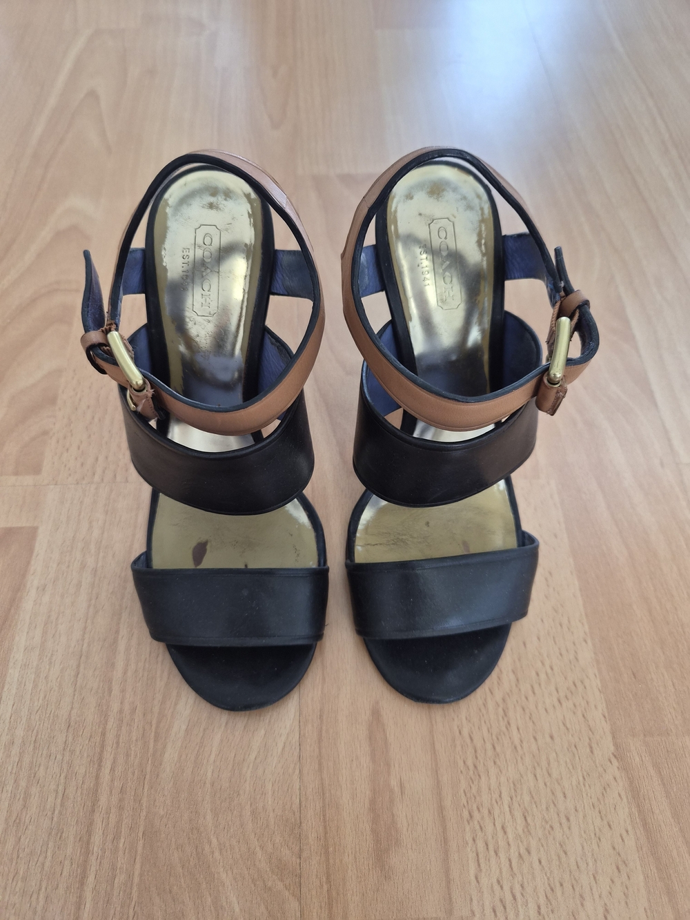 Coach Black and Tan Leather Ankle-Strap Heels with Gold Buckle